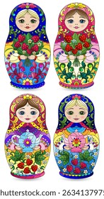 A set of illustrations in the style of stained glass with bright Russian dolls, toys isolated on a white background