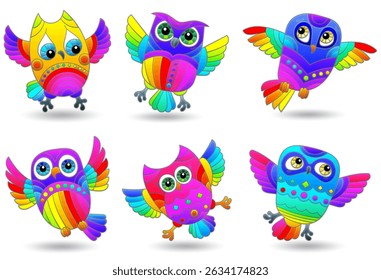 A set of illustrations in the style of stained glass with bright cartoon owls, animals isolated on a white background