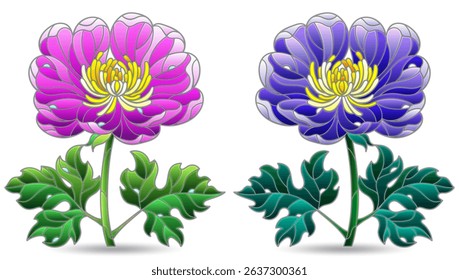 A set of illustrations in the style of stained glass with  flowers, figures isolated on a white background