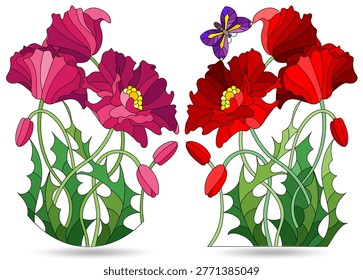 A set of illustrations in the style of stained glass with compositions of bright poppies, flowers isolated on a white background