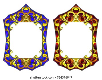 Set of illustrations in the style of stained glass with frames, blue and red frame with floral ornaments