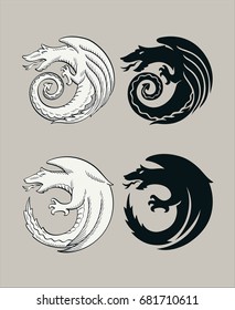 Set of illustrations of stylized dragons