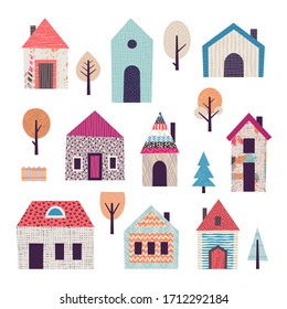 Set of illustrations with stylized houses and trees.