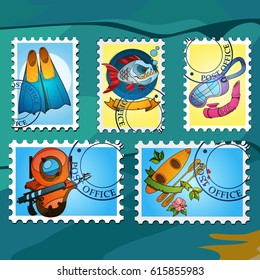 A set of illustrations stylized for postage stamps on the topic of diving.