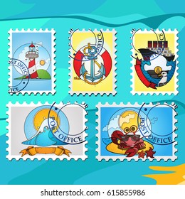 A set of illustrations stylized for postage stamps on the theme of the sea and cruises.