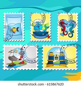 A set of illustrations stylized for postage stamps on the theme of the sea.
