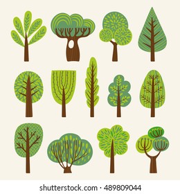 Set of illustrations with stylized trees. 