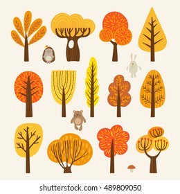 Set of illustrations with stylized trees. Autumn