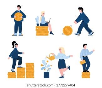A set of illustrations of successful business men and women. A businessman or Manager pushes a gold coin, stands or sits on coin pillars and grows a tree with coins. A set of flat vector illustrations