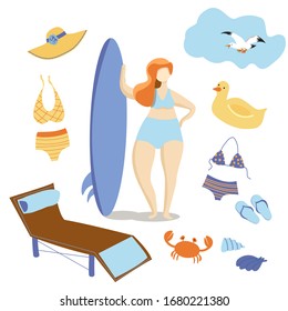 set of illustrations. summer, beach, deck chair, inflatable circle, surf, swimwear, panama, flip-flops, crab, seashells, seagull, sky