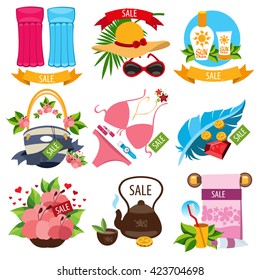 Set of illustrations of summer vacation resort. Sale of summer goods. 