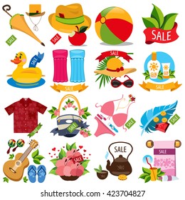 Set of illustrations of summer vacation resort. Sale of summer goods. 