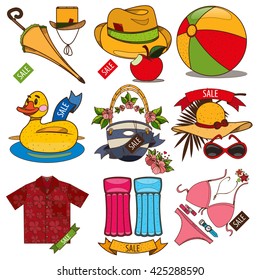 Set of illustrations of summer vacation resort. Sale of summer goods. Swimming mattress, umbrella, shirt, ball, swimsuit, hat.