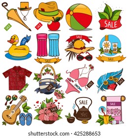 Set of illustrations of summer vacation resort. Sale of summer goods. Swimming mattress shirt, swimsuit, guitar, beach flip flops, flowers.