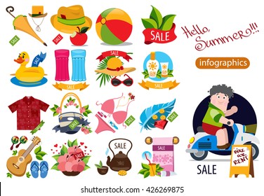 Set of illustrations of summer vacation resort. Sale of summer goods. Swimming mattress shirt, swimsuit, guitar, beach flip flops, flowers.