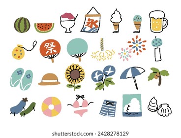 Set of illustrations of summer-related goods, plants, food, etc.