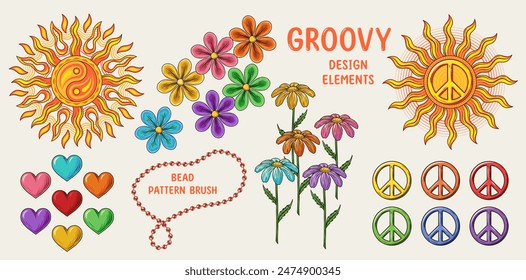 Set of illustrations of sun, colorful chamomile flowers, heart, peace sign, bead pattern brush. Groovy hippie vintage style.