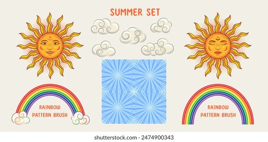 Conjunto de ilustraciones de sol con cara, nube blanca, pincel de patrón de arco iris, patrón retro azul sin fisuras. Estilo hippie vintage.