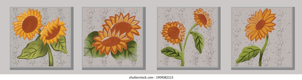 Set of illustrations - sunflowers. Pictures of flowers. Large sunflowers. Bright flowers. Bouquets. Set of illustrations with drawn flowers.