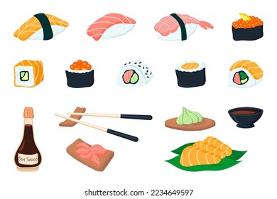 Conjunto de ilustraciones de rollos de sushi y sashimi. ilustración vectorial