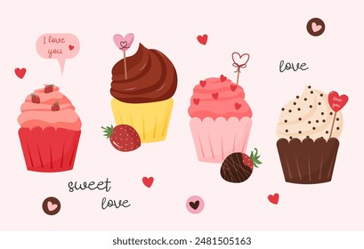 Set of illustrations with sweet cupcakes. Romantic set for Valentines Day and birthday. Vector illustration