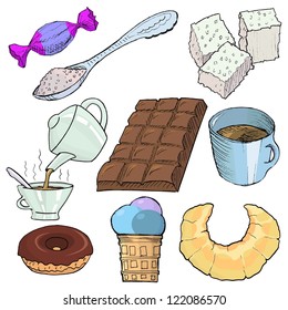 Set of illustrations of sweet food and drinks