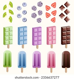 Un conjunto de ilustraciones de popsiques dulces sobre un palo de madera. Ilustración del vector EPS10.