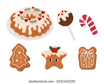 Set with illustrations of sweets for Christmas and New Year. Cupcake, sweets, gingerbread, candycane in flat style.