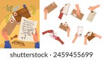 Set of illustrations and symbols, icons on the theme of postal poisoning, envelopes, mail boxes, hands with envelope. Post cards, postage stamps, kraft paper letters, paper letter, paper envelope. 