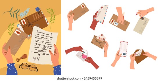 Satz von Illustrationen und Symbole, Symbole zum Thema der Postvergiftung, Umschläge, Briefkästen, Hände mit Umschlag. Postkarten, Briefmarken, Kraftpapierbriefe, Papierbriefe, Papierumschlag. 