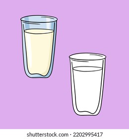 A set of illustrations, a tall glass glass with a drink, milk, juice, a vector in cartoon style on a colored background