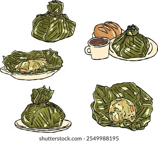 Conjunto de ilustrações de tamal tolimense, comida típica da Colômbia. Tamale colombiano