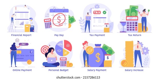 Set of illustrations for tax payment, tax return, salary payment, personal and family budget, finance control. People study the financial report, audit, accounting. Vector illustration in flat design