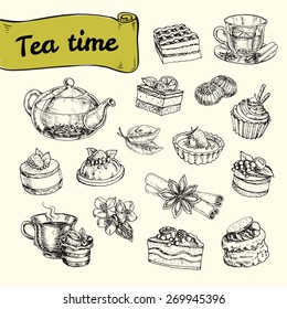 set of illustrations with tea and a variety of pastries and desserts with cream, fruit and berries. vector hand drawn illustration