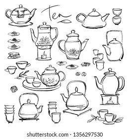 Set of illustrations of teapots and cups for menu. Chinese tea ceremony.
