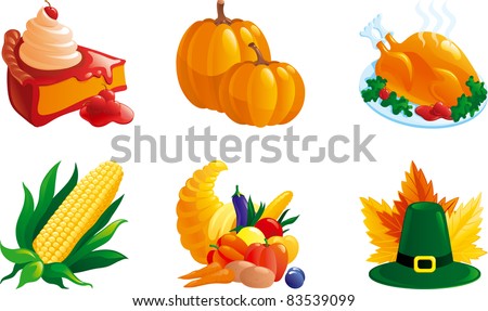 set of illustrations for thanksgiving. Corn, pie, Turkey-cock, pumpkin. Cornucopia, hat and leaves.