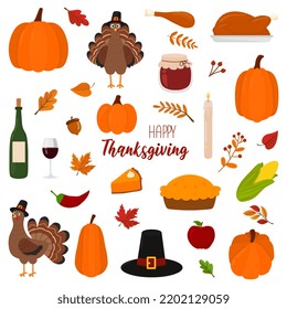 Set of illustrations for thanksgiving with turkeys and holiday symbols on a white background