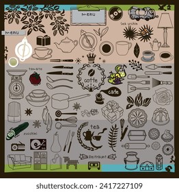 A set of illustrations that can be used for cafe menu blackboards. Pots, cooking utensils, tableware, cups, etc.white line artwork