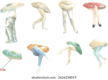 A set of illustrations that combine mushrooms and humans.