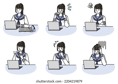 Set of illustrations that Female junior high school or high school students wearing sailor-style school uniform using the computer