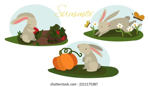 A set of illustrations for three months of summer with rabbits in different situations. Pictures for children's illustrations for books, manuals. Printed products postcard.