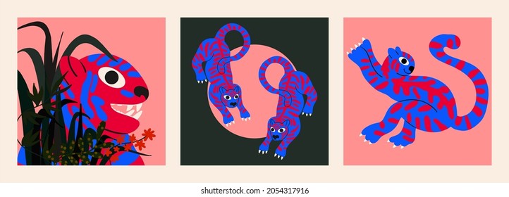 Set of illustrations with a tiger. Wild cat in a jump, in the bushes. Hand-drawn cartoon. New year 2022, horoscope. Cover, template for postcards, notebooks, clothes, etc.