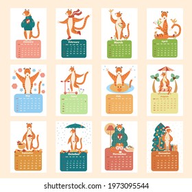 A set of illustrations with tigers in the form of a calendar for 2022, 12 different illustrations for each month. 2022 new year of the tiger. The beginning of the week is from Sunday. Cute funny tiger