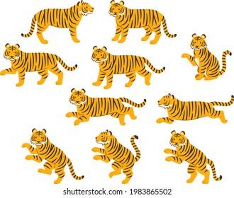 A Set Of Illustrations Of Tigers In Various Poses (standing, Sitting Beckoning, Walking, Running, Standing Up, Dancing On Two Legs)