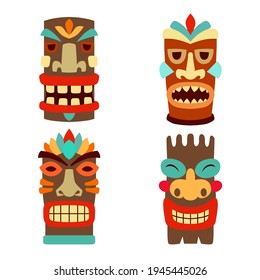 Set of illustrations of tiki masks in flat style isolated on white background. Design element for logo, label, sign, emblem, poster. Vector illustration