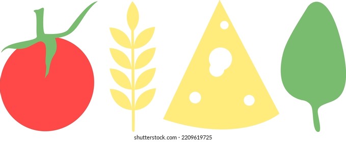 set of illustrations tomato, cheese, greens, wheat, pizza ingredients