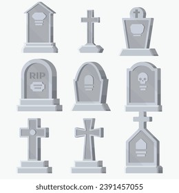 Set of illustrations of tombstones in minimalist voluminous style. Tombstone in game flat style.