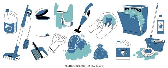 A set of illustrations of tools and supplies for cleaning. Housekeeping, cleaning service, window and floor cleaning.