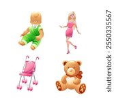 Set of illustrations of toys for girls, baby doll, barbie doll, toy stroller, teddy bear, realistic in 3d style.