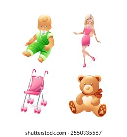 Set of illustrations of toys for girls, baby doll, barbie doll, toy stroller, teddy bear, realistic in 3d style.